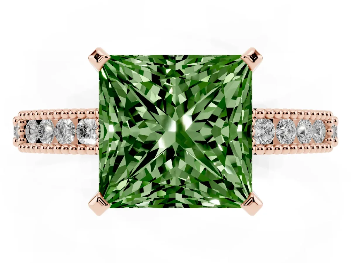 Fancy Green Princess Cut Solitaire with Pavé Band and Four-Prong Setting Rose gold