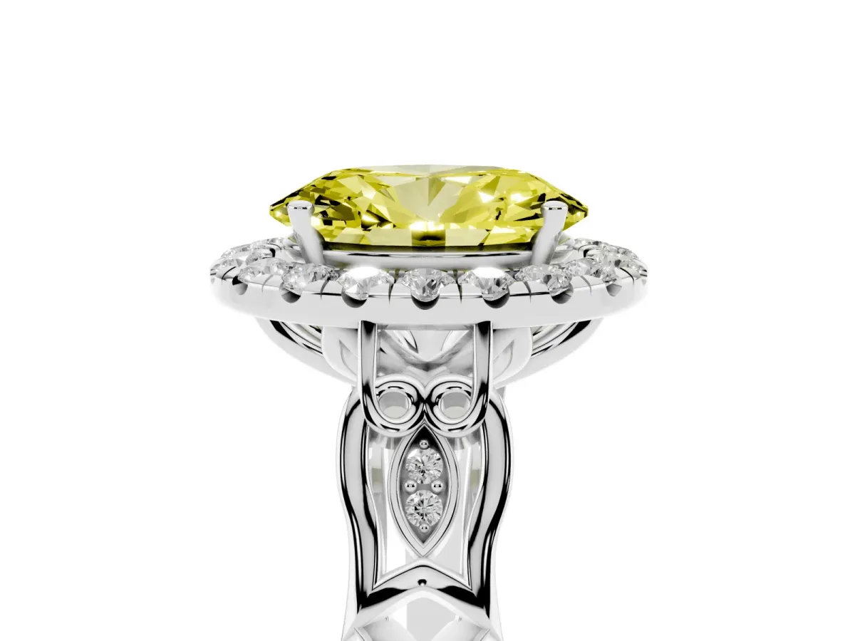 Fancy Yellow Oval Cut Halo Diamond Engagement Ring with Filigree Band and Four-Prong Setting Platinum