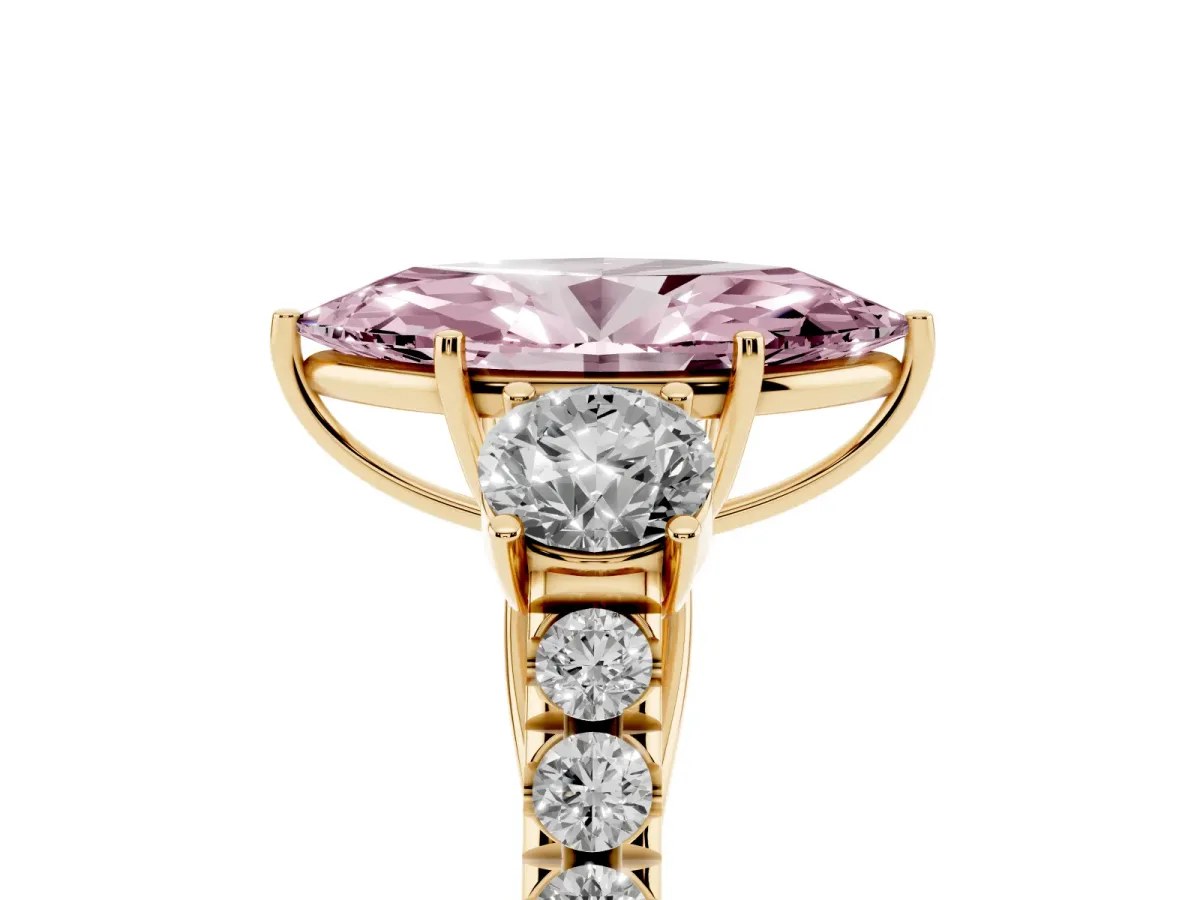 Fancy Pink Marquise Cut Cut Diamond Three-Stone Ring with Round Side Stones and Pavé Band Yellow gold