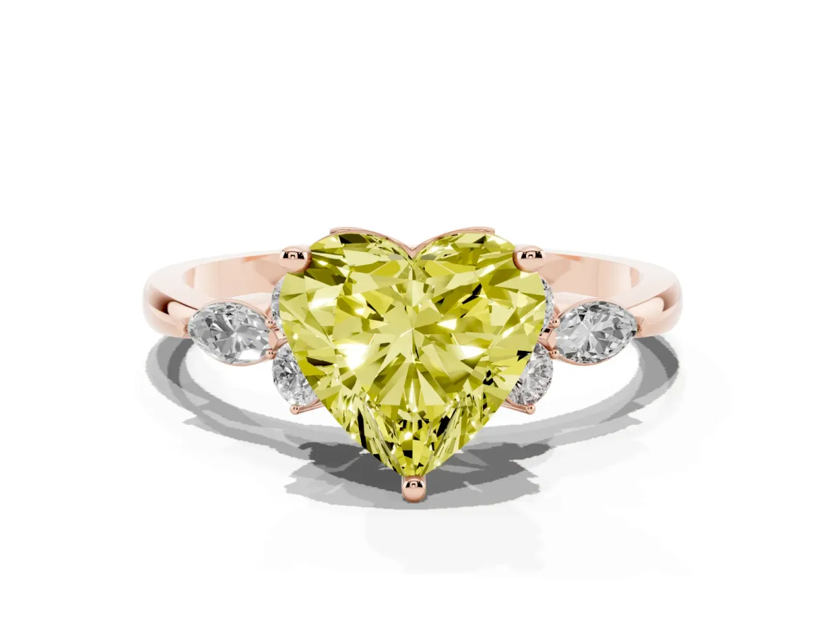 Fancy Yellow Heart Cut Brilliant Diamond Solitaire Ring with Pear Side Stones and Four-Prong Setting Rose gold