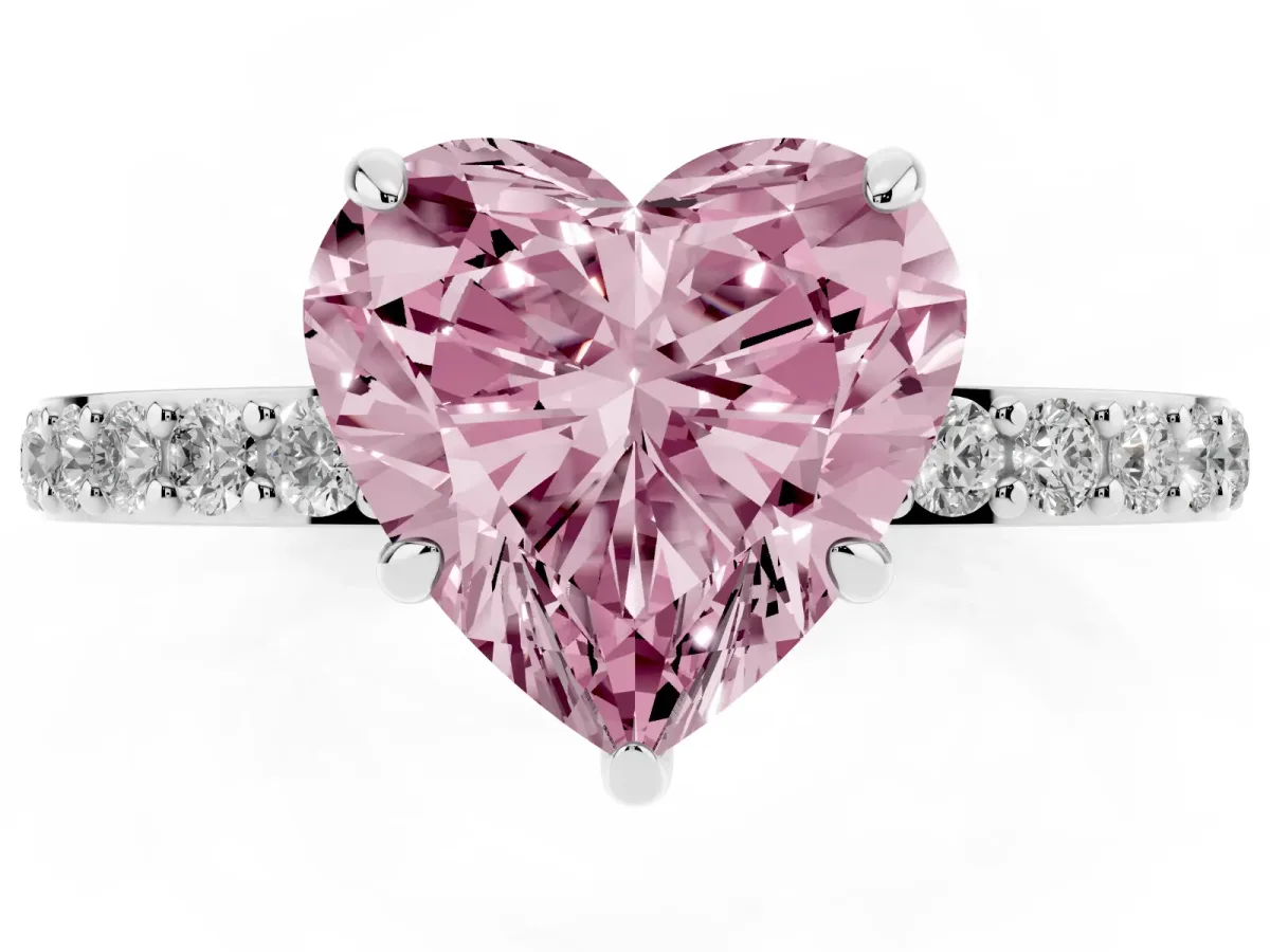 Fancy Pink Heart Cut Diamond Pavé Engagement Ring with Round Accents and Prong Setting White gold