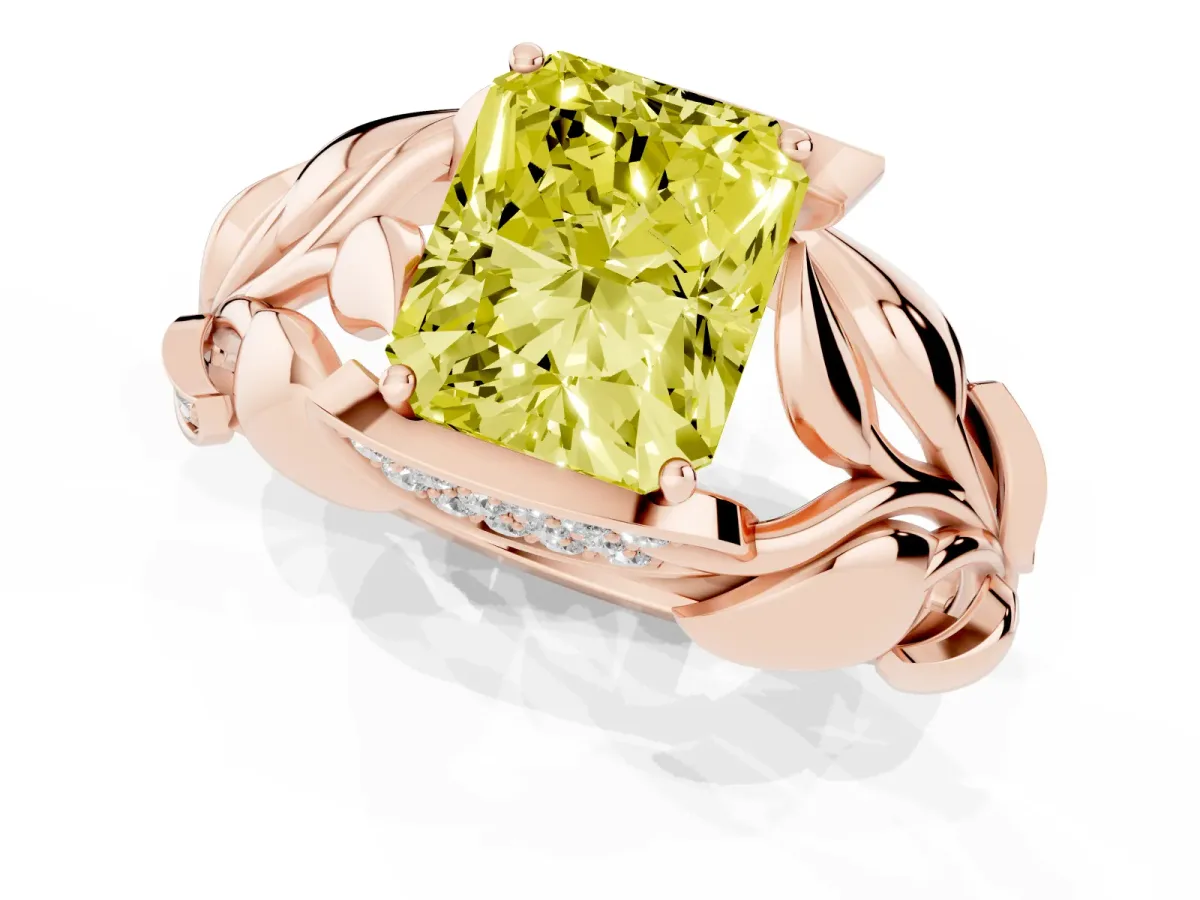 Fancy Yellow Radiant Cut Diamond Leaf-Inspired Engagement Ring with Round Accents and Prong Setting Rose gold