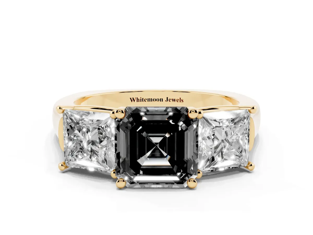 Fancy Black Three-Stone Asscher Cut Brilliant Diamond Trellis Ring with Comfort Fit Band Yellow gold