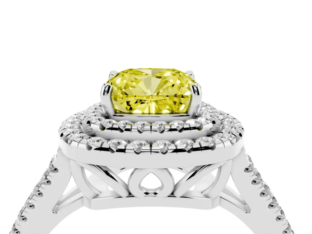 Fancy Yellow Cushion Cut Diamond Double Halo Ring with Pavé Band and Prong Setting Platinum
