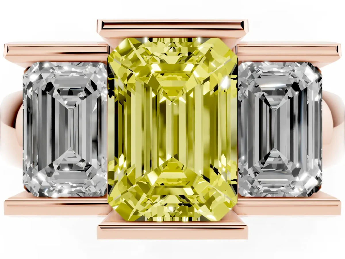 Fancy Yellow Three Stone Emerald Cut Cut Channel Set Diamond Ring Rose gold