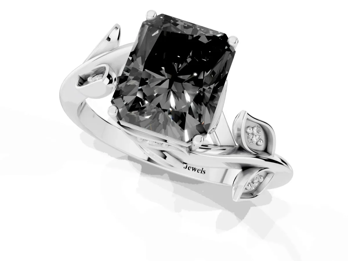 Fancy Black Radiant Cut Solitaire Twist Engagement Ring with Leaf Accents and Prong Setting White gold