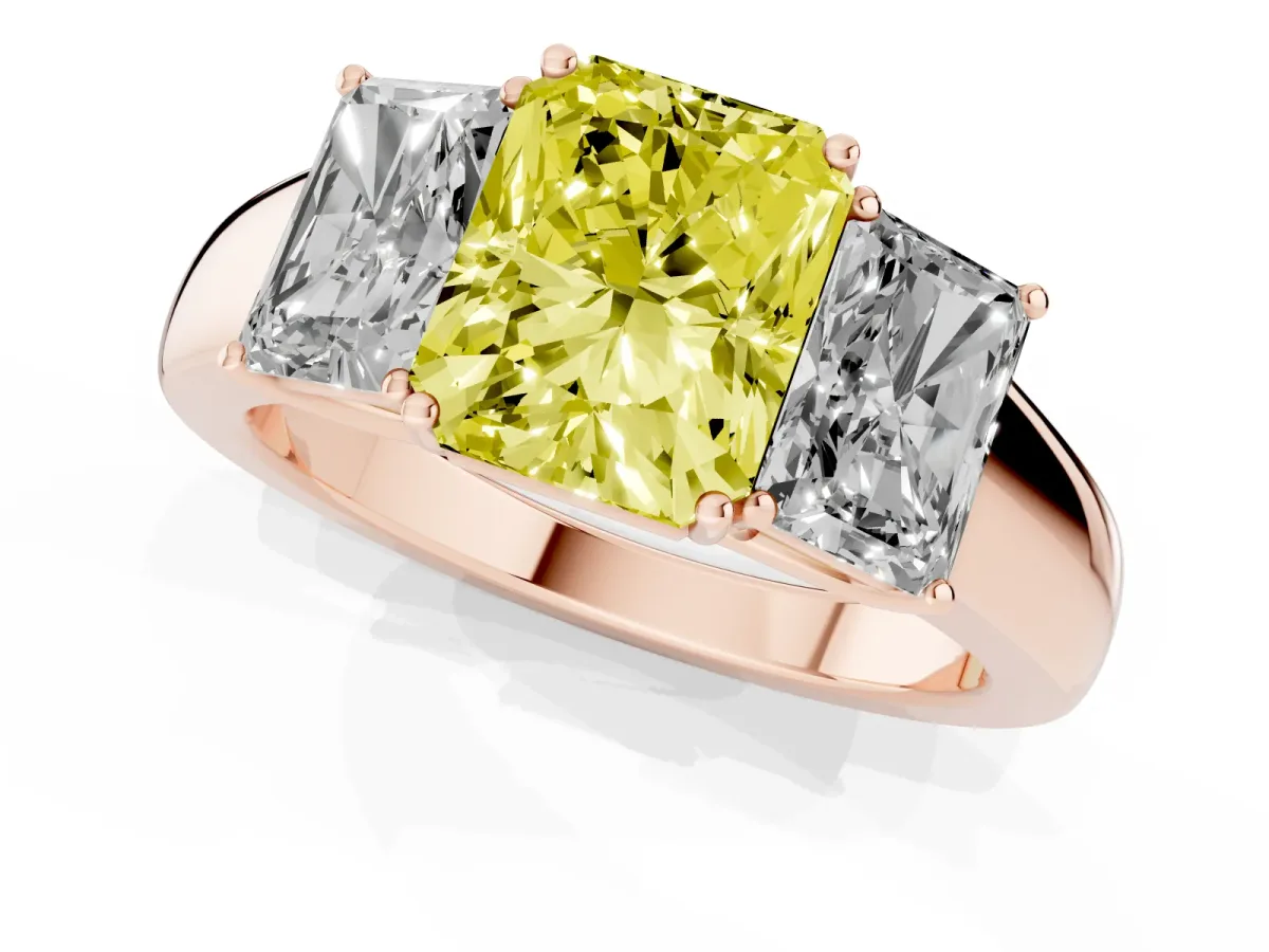 Fancy Yellow Three-Stone Radiant Cut Cut Diamond Ring with Prong Setting and Classic Band Rose gold
