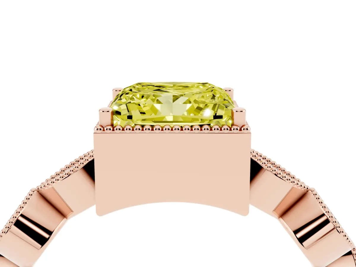 Fancy Yellow Princess Cut Diamond Vintage Milgrain Ring with Round Stations Rose gold