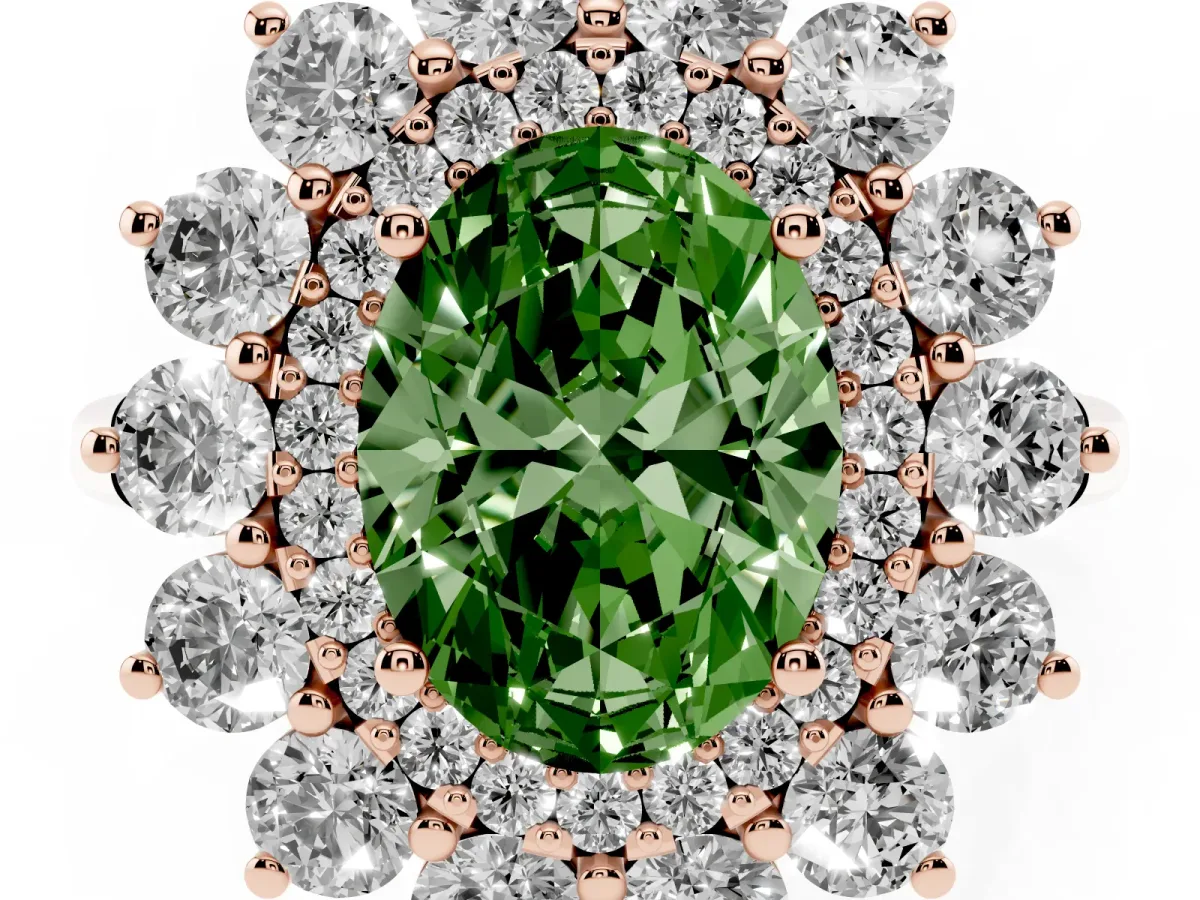 Fancy Green Oval Cut Diamond Floral Double Halo Engagement Ring with Prong Setting Rose gold