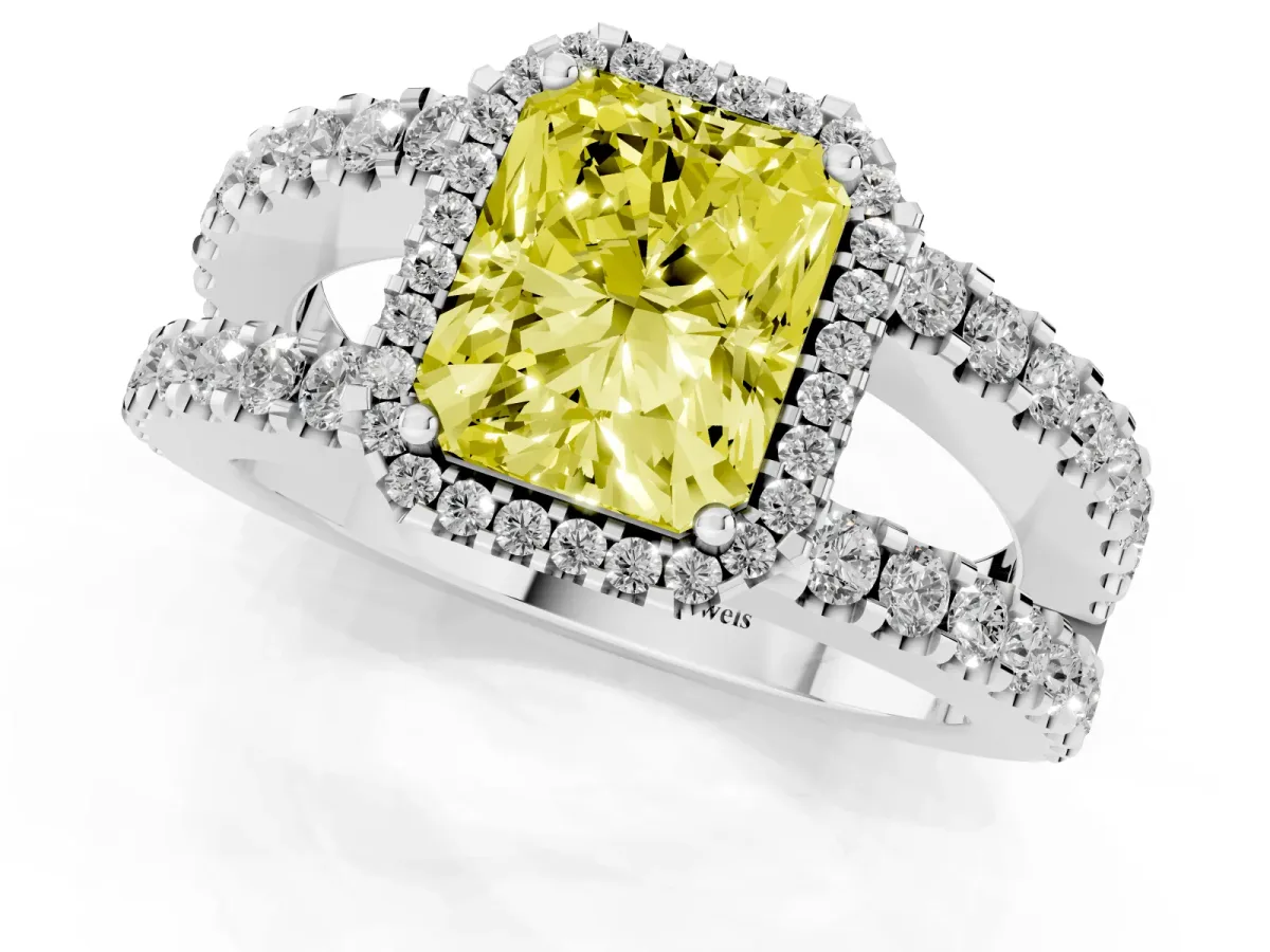 Fancy Yellow Radiant Cut Cut Halo Split Shank Diamond Ring with Four-Prong Setting Silver