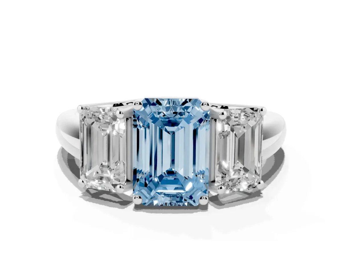 Fancy Blue Three-Stone Emerald Cut Diamond Engagement Ring with Prong Setting Silver