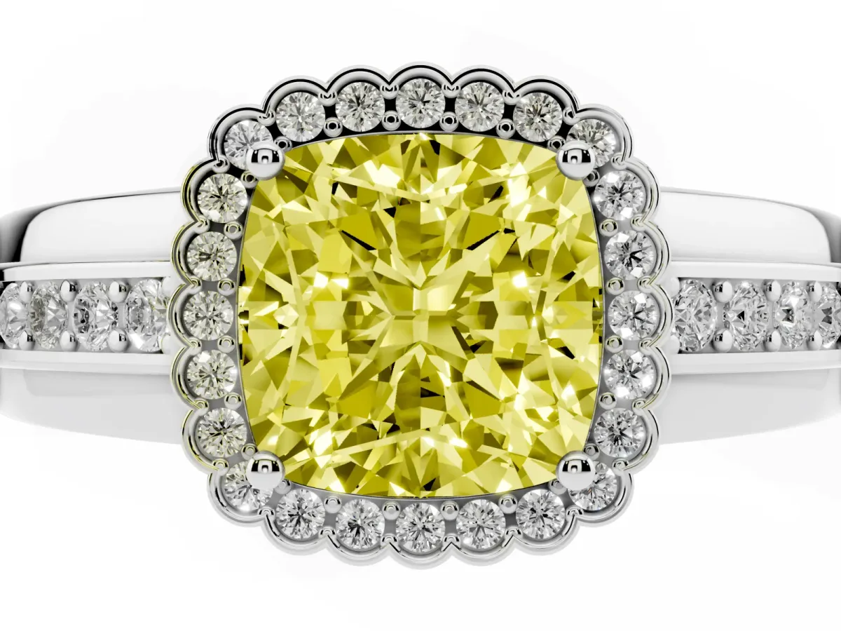 Fancy Yellow Cushion Cut Cut Halo Pave Band Four-Prong Ring White gold