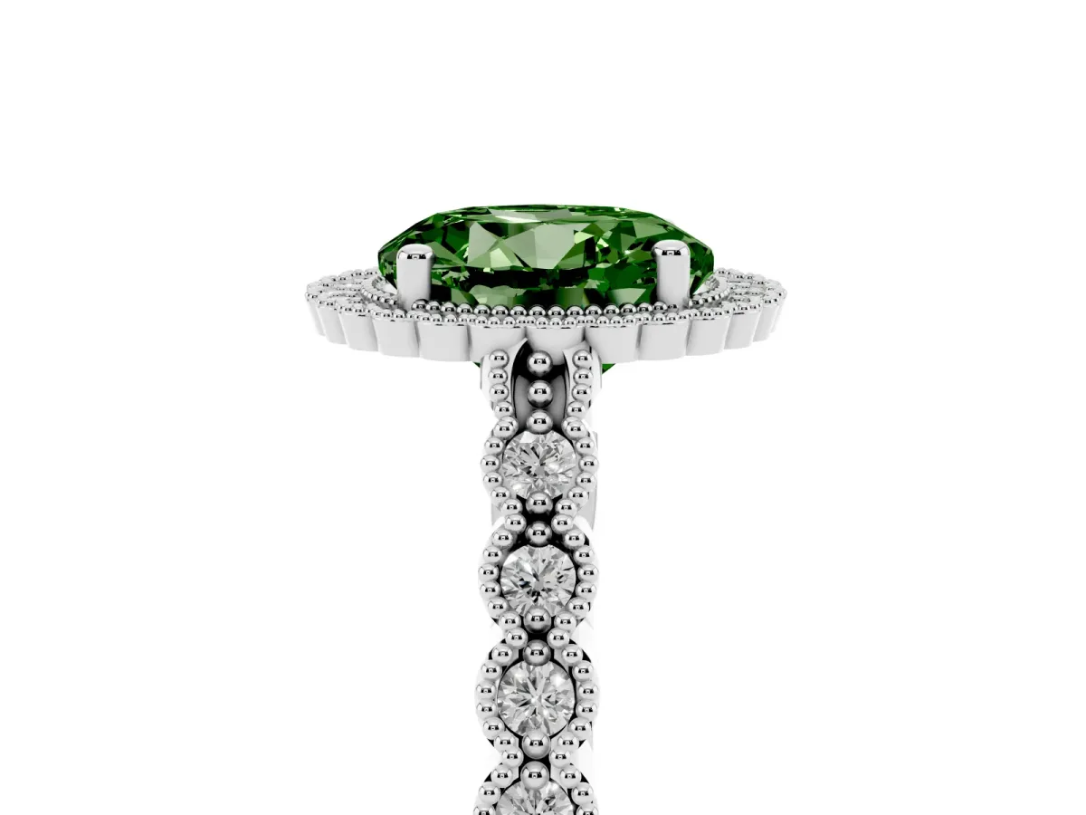 Fancy Green Round Cut Cut Halo Pavé Solitaire Ring with Milgrain Band Silver
