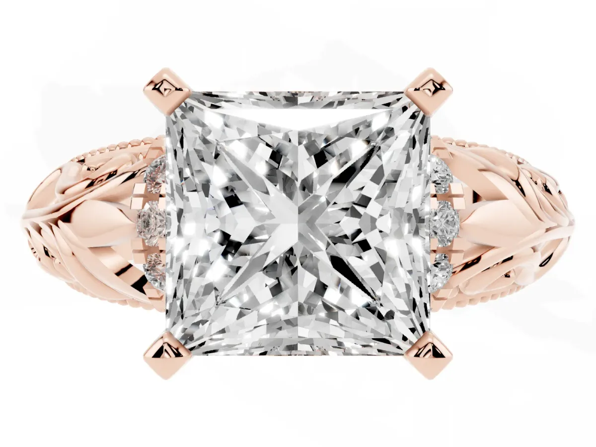 Princess Cut Solitaire Filigree Engagement Ring with Halo and Prong Setting Rose gold