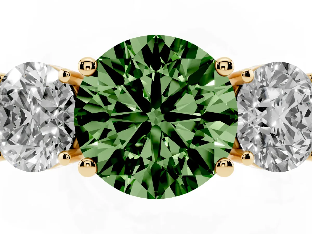 Fancy Green Three-Stone Round Cut Cut Diamond Engagement Ring with Flat Band and Four-Prong Setting Yellow gold