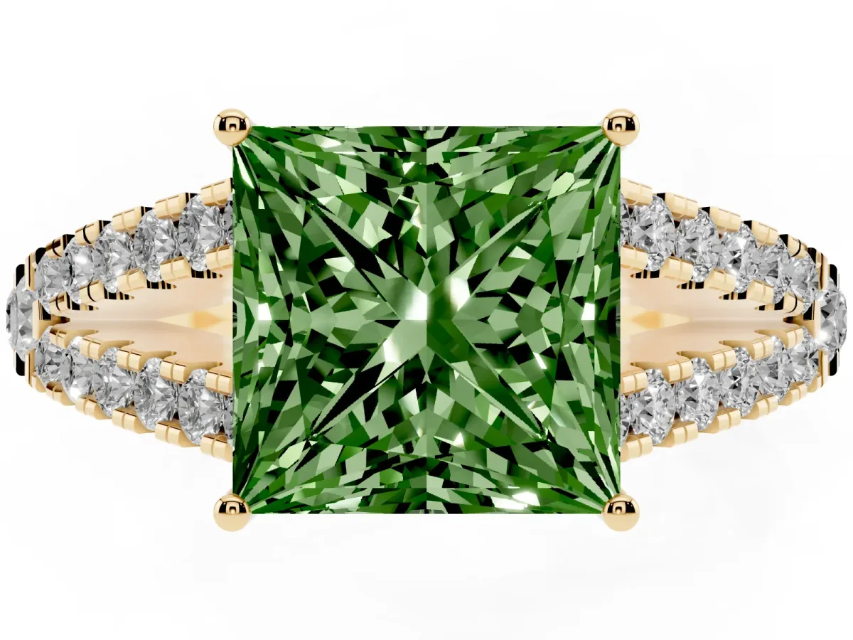 Fancy Green Princess Cut Diamond Split Shank Engagement Ring with Round Pavé and Prong Setting Yellow gold