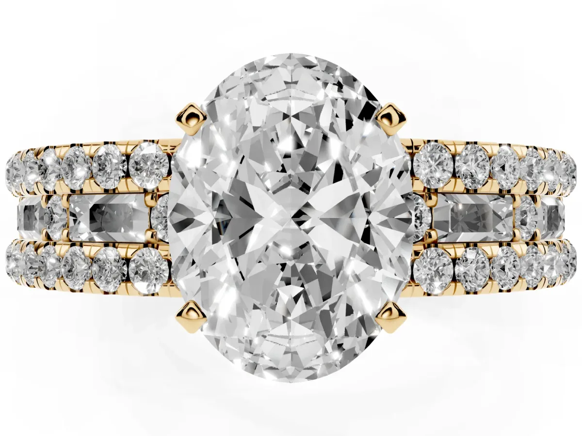 Oval Cut Diamond Solitaire Ring with Pavé and Channel Set Band Yellow gold