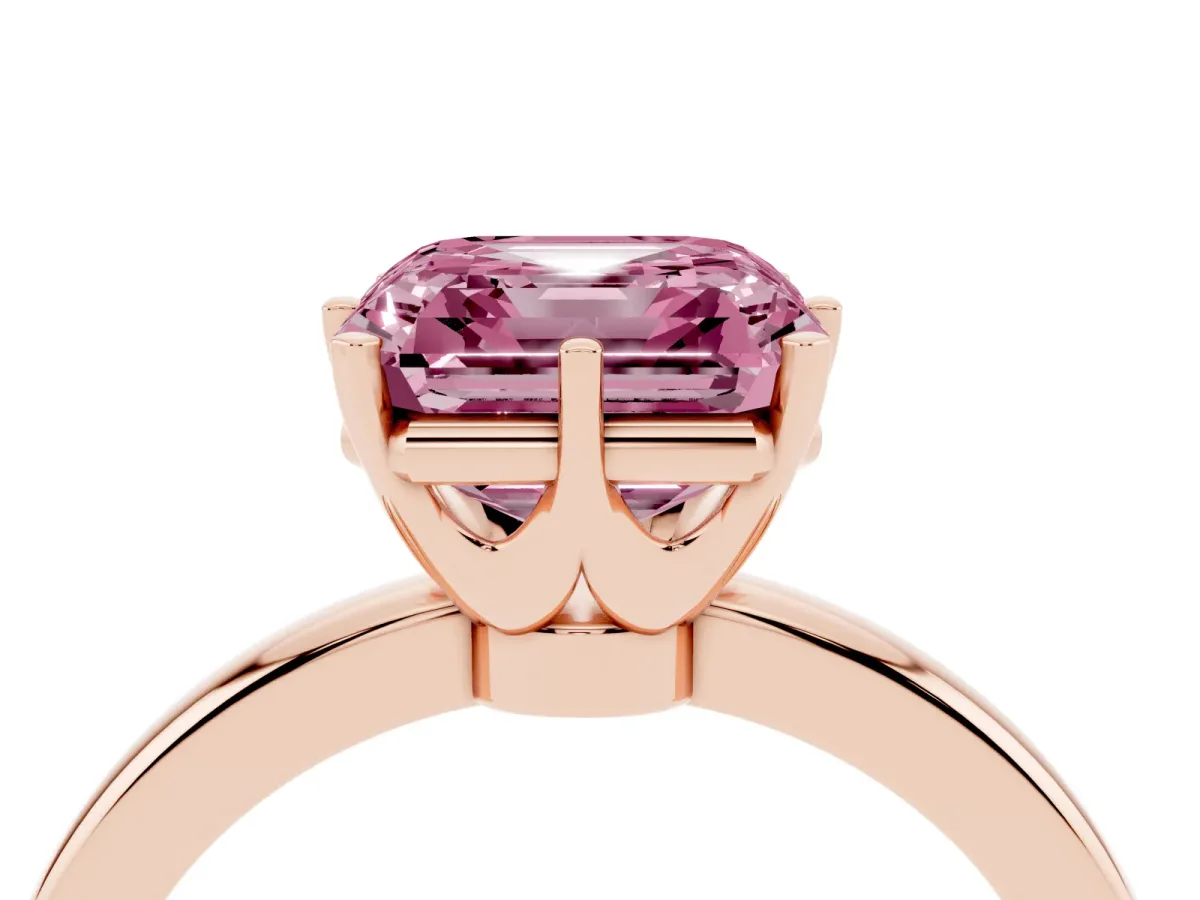 Fancy Pink Asscher Cut Solitaire Diamond Ring with Six-Prong Setting on a Classic Band Rose gold