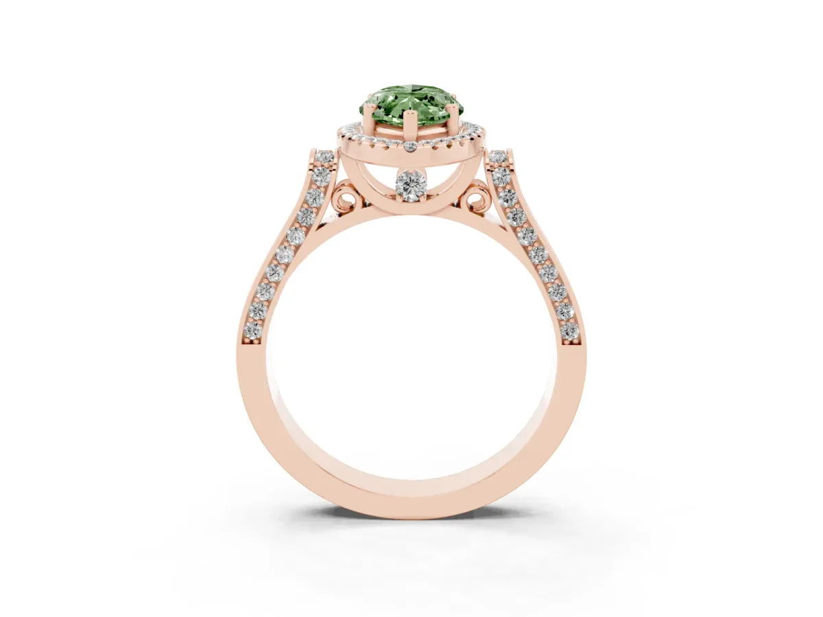 Fancy Green Marquise Cut Halo Round Diamond Twist Band with Four-Prong Setting Rose gold