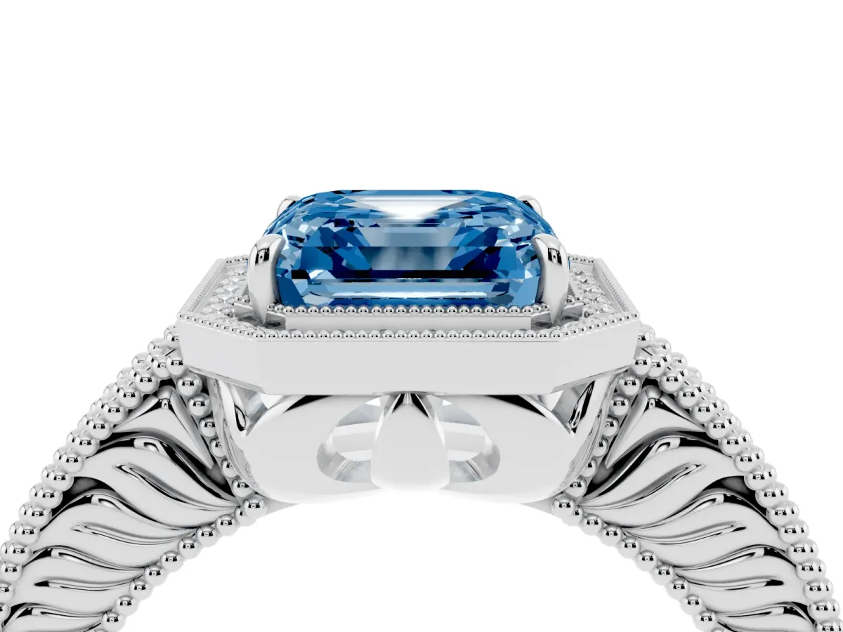 Fancy Blue Asscher Cut Cut Halo Diamond Ring with Pavé Band and Four-Prong Setting Silver