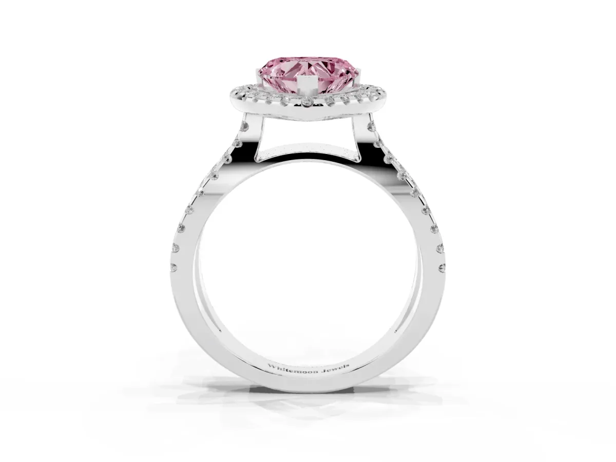 Fancy Pink Heart Cut Diamond Halo Ring with Split Shank Pavé Band and Prong Setting Silver