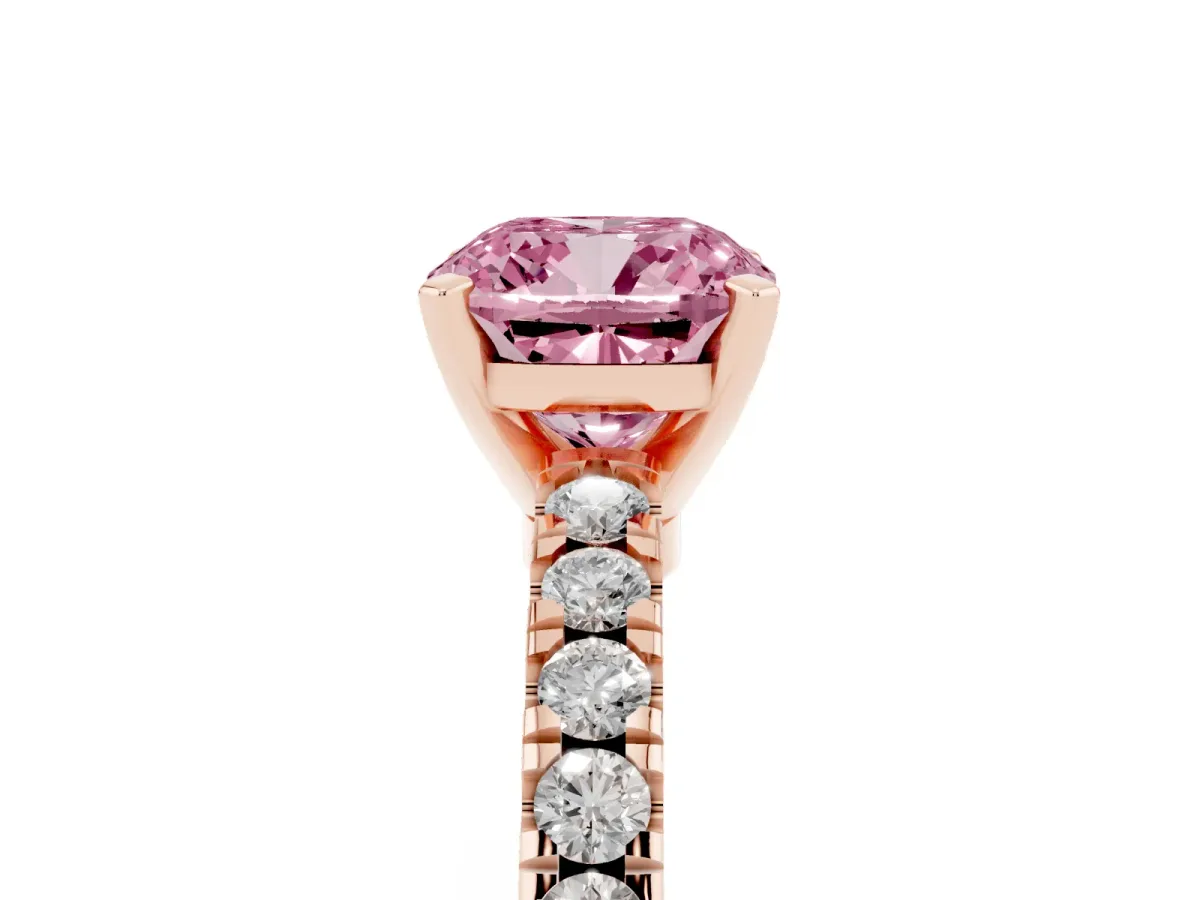 Fancy Pink Cushion Cut Solitaire Diamond with Pavé Band and Four-Prong Setting Rose gold