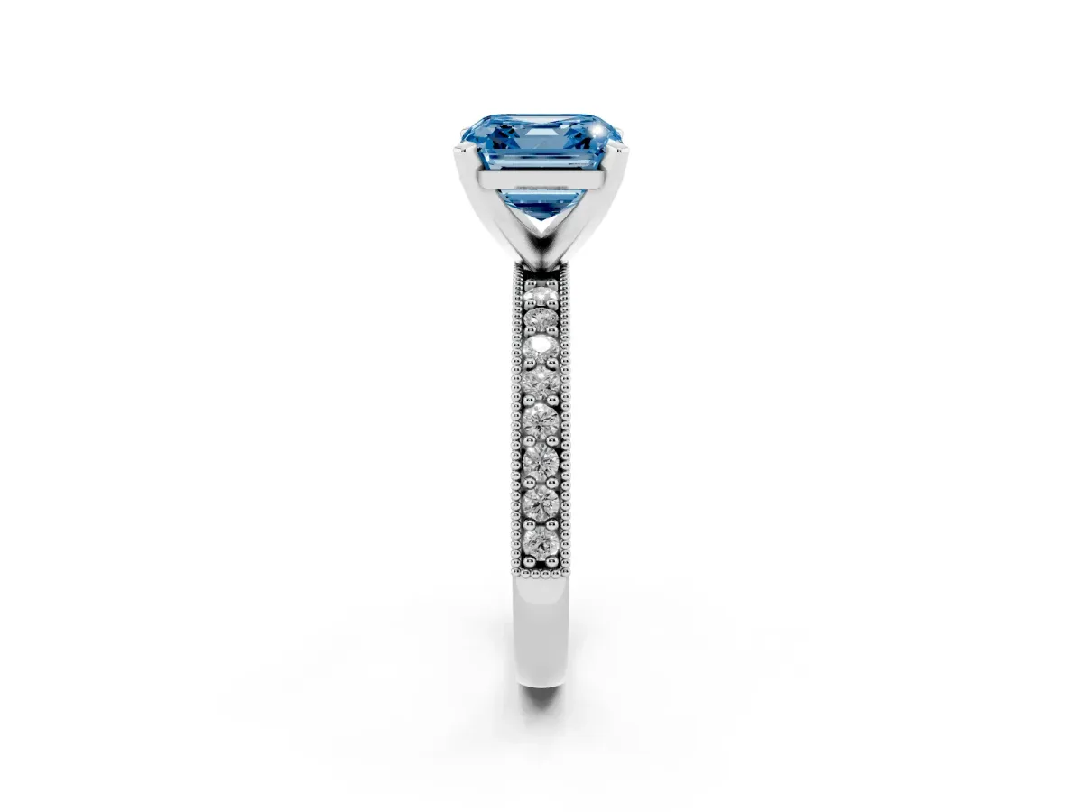 Fancy Blue Asscher Cut Diamond Milgrain Pavé Engagement Ring with Four-Prong Setting Silver