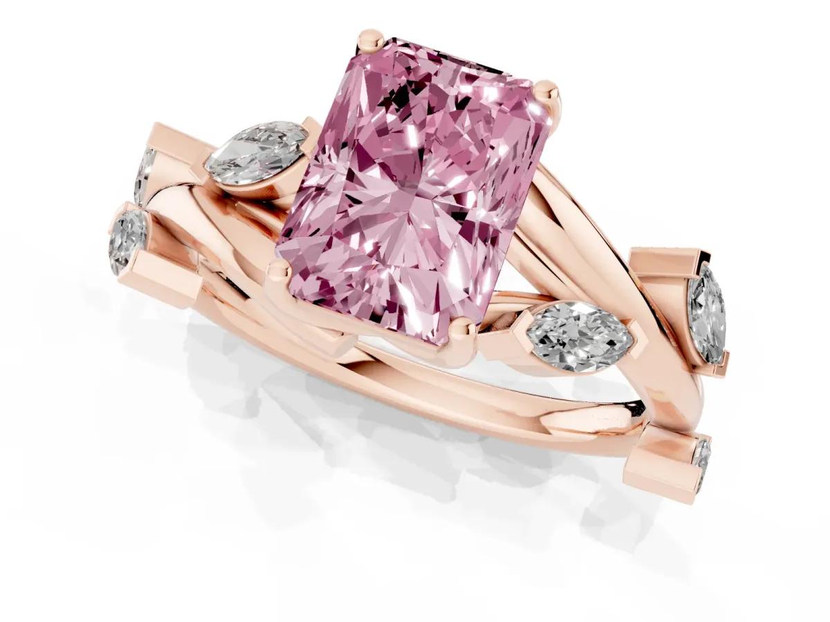 Fancy Pink Radiant Cut Solitaire Twisted Band Marquise Accent Prong Setting Ring Rose gold