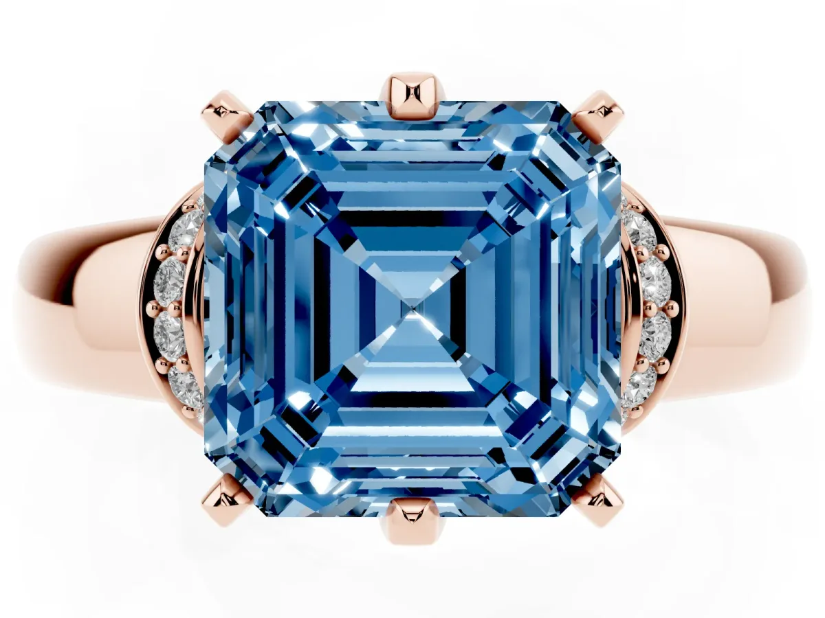 Fancy Blue Asscher Cut Solitaire Diamond Ring with Pave Band and Six-Prong Setting Rose gold