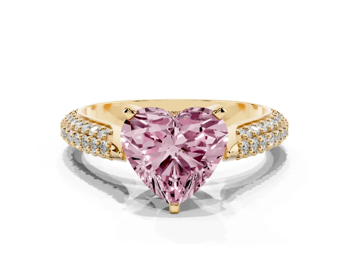 Fancy Pink Heart Cut Diamond Solitaire Engagement Ring with Multi-Row Round Pavé Band and Prong Setting Yellow gold