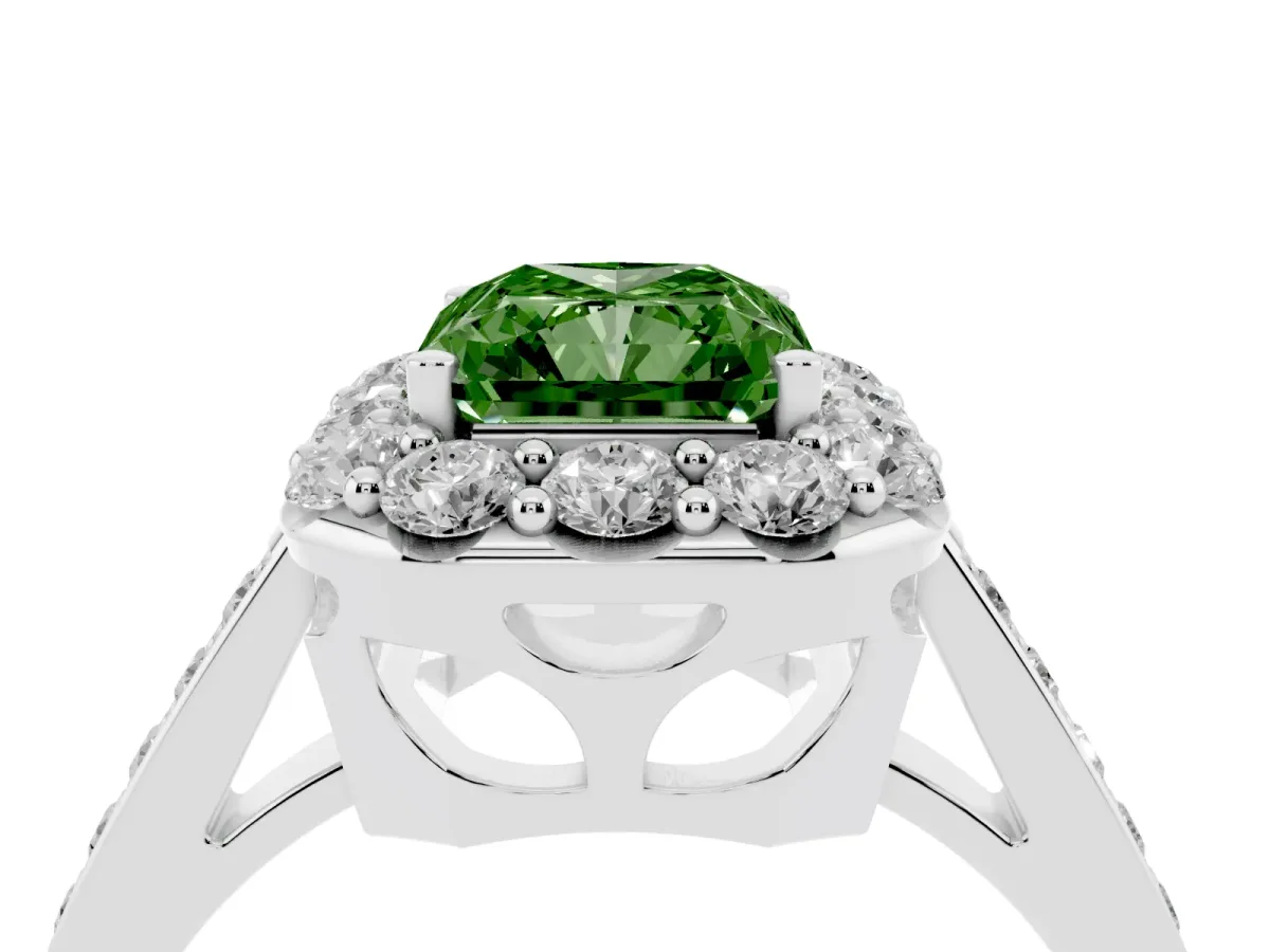 Fancy Green Radiant Cut Diamond Floral Halo Ring with Pavé Band and Prong Setting Silver