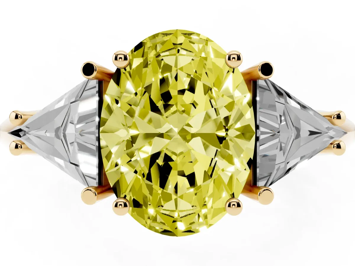 Fancy Yellow Three-Stone Oval Cut Diamond Engagement Ring with Trillion Side Stones and Prong Setting Yellow gold