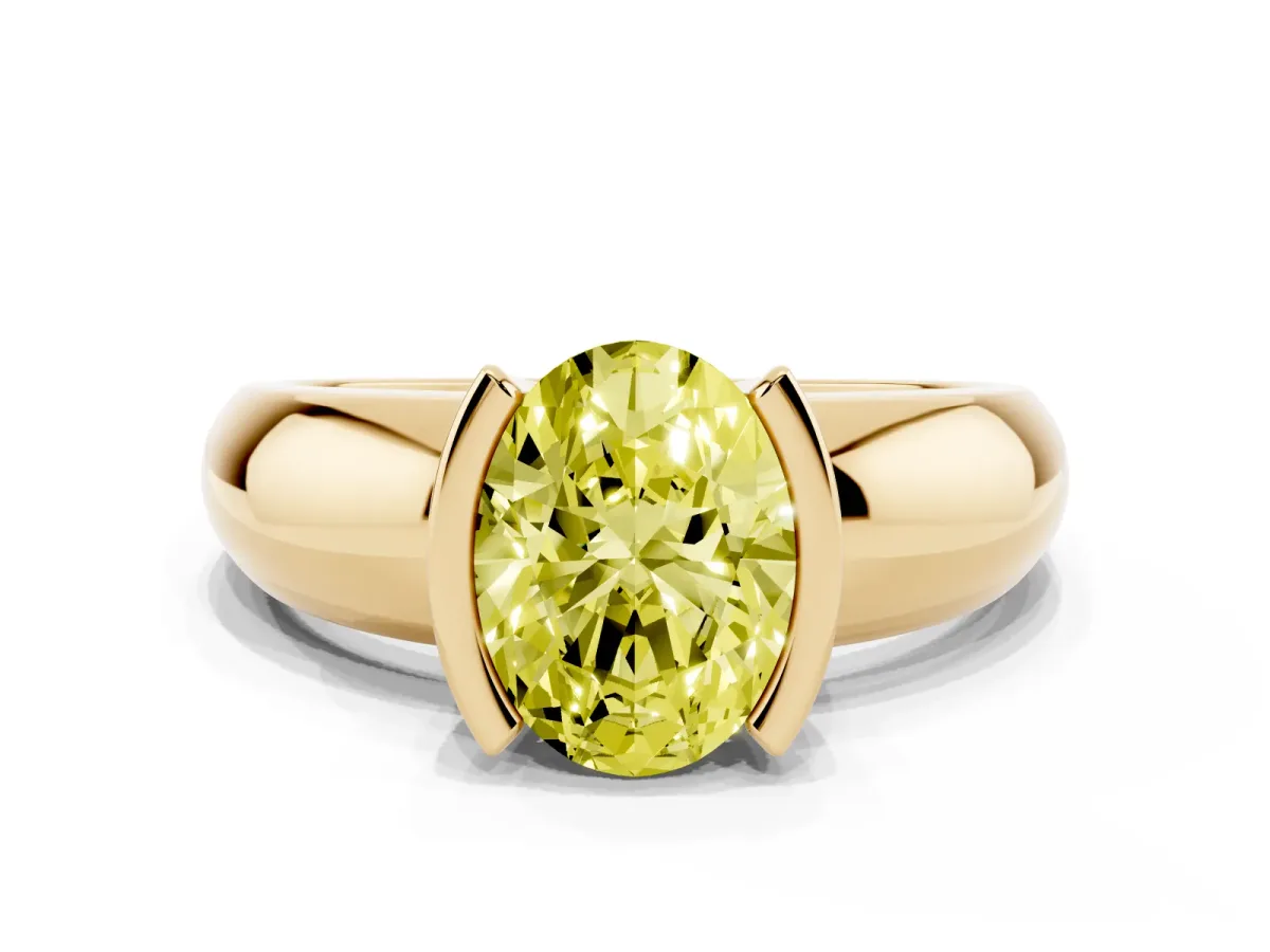 Fancy Yellow Oval Cut Solitaire Tension Set Diamond Ring with Wide Band Yellow gold