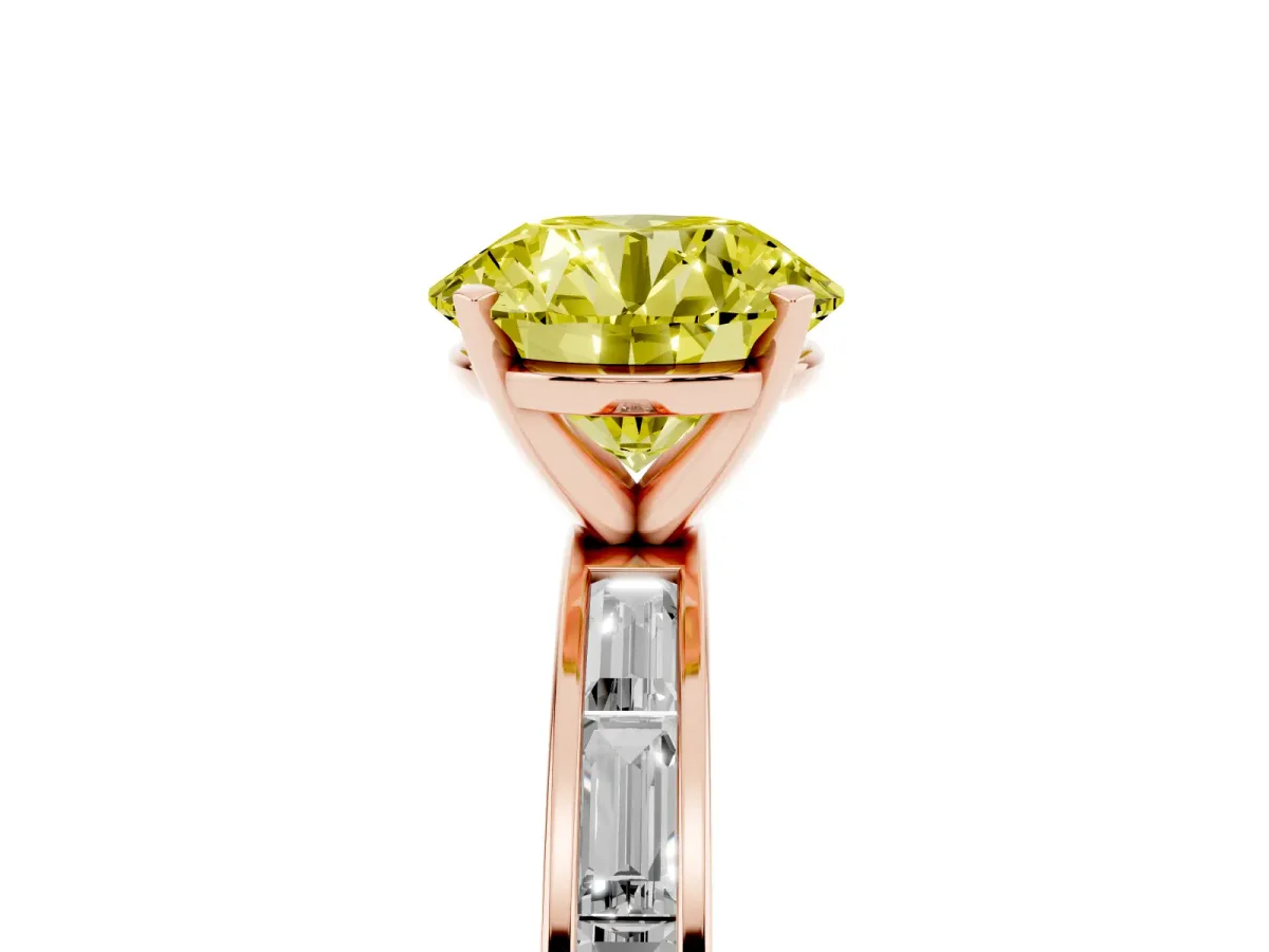 Fancy Yellow Round Cut Solitaire Diamond Ring with Channel-Set Baguette Band and Four-Prong Setting Rose gold