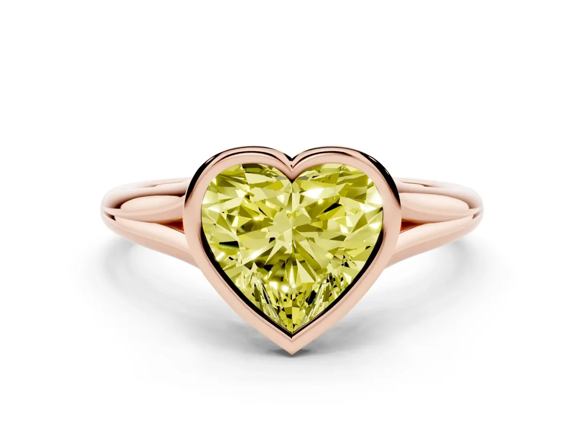 Fancy Yellow Bezel Set Heart Cut Cut Solitaire Ring with Tapered Band Rose gold