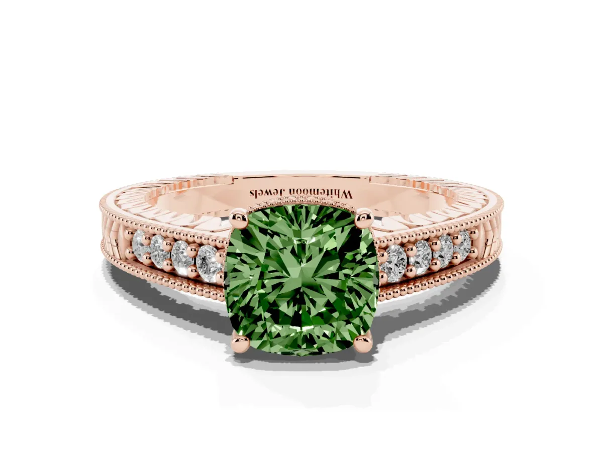 Fancy Green Cushion Cut Solitaire Pavé Diamond Milgrain Engagement Ring with Four-Prong Setting Rose gold