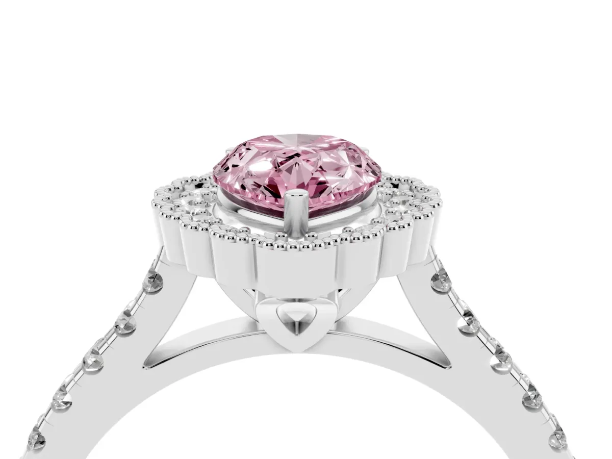 Fancy Pink Pear Cut Cut Diamond Milgrain Floral Halo Engagement Ring with Pavé Band Platinum