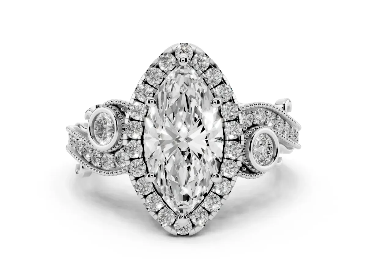 Marquise Cut Halo Diamond Ring with Milgrain and Bezel Accents on a Split Shank Band White gold