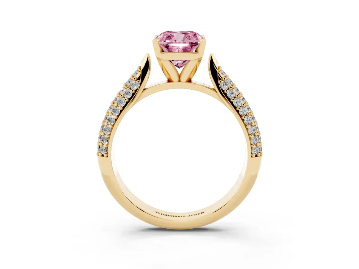 Fancy Pink Cushion Cut Diamond Solitaire Engagement Ring with Multi-Row Round Pavé Band and Prong Setting Yellow gold