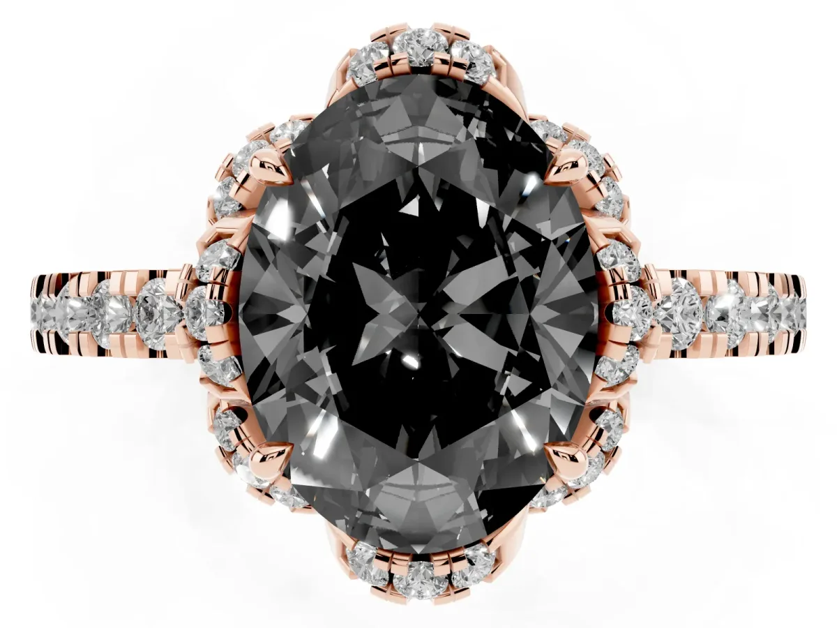 Fancy Black Oval Cut Diamond Halo Pave Band with Four-Prong Setting Rose gold