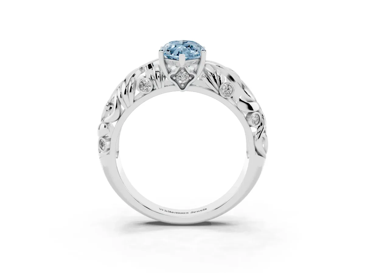 Fancy Blue Marquise Cut Solitaire Diamond Leaf-Inspired Vine Band Ring with Prong Setting Silver