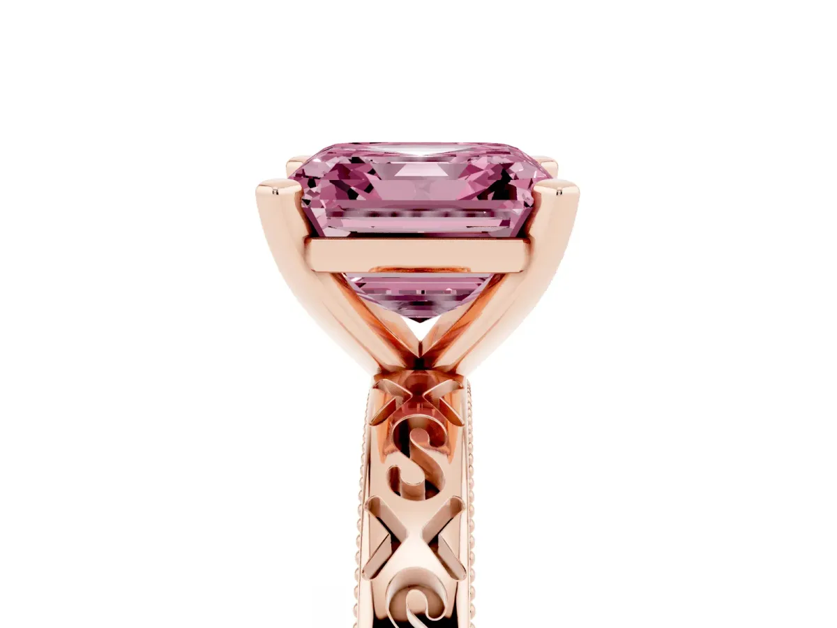Fancy Pink Asscher Cut Solitaire Engagement Ring with Scrollwork Band and Four-Prong Setting Rose gold