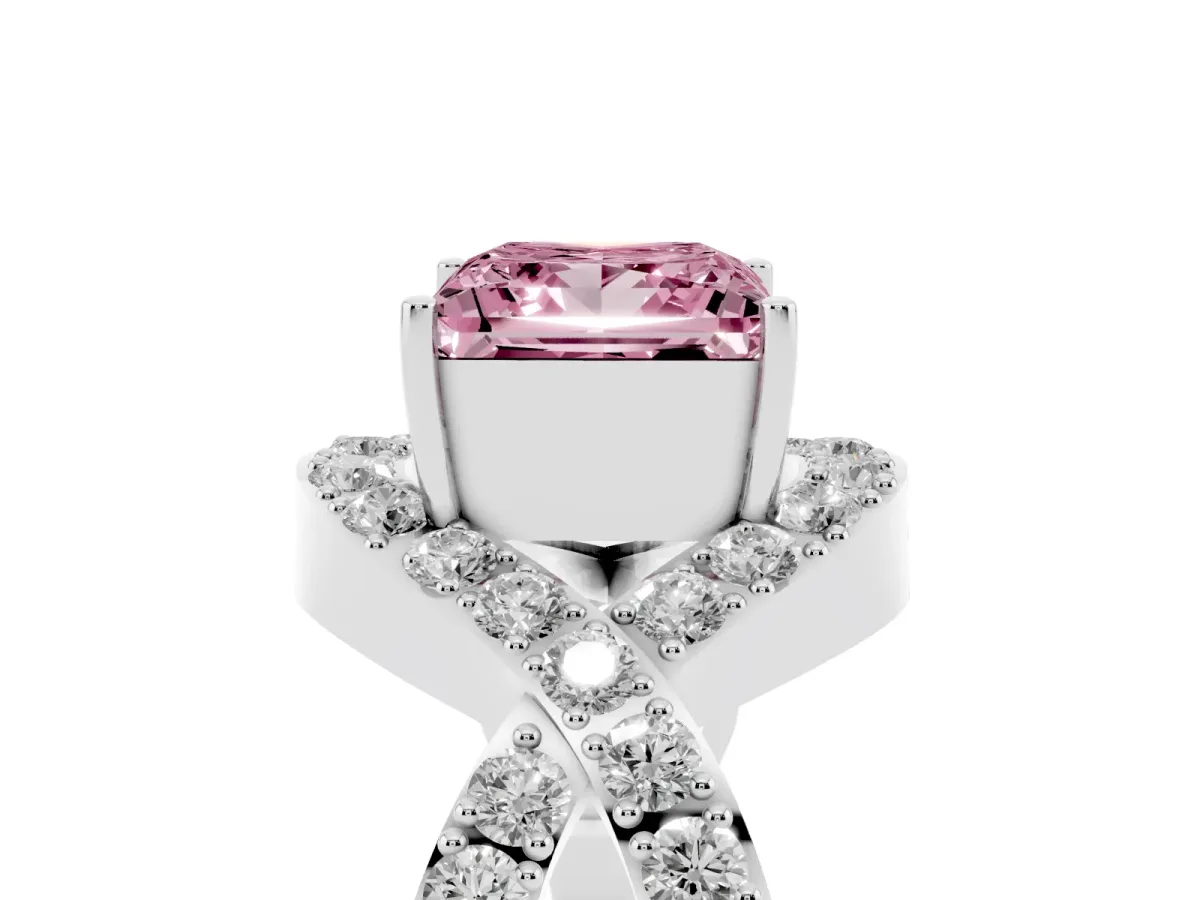 Fancy Pink Princess Cut Solitaire Twist Band Pavé Diamond Engagement Ring Silver