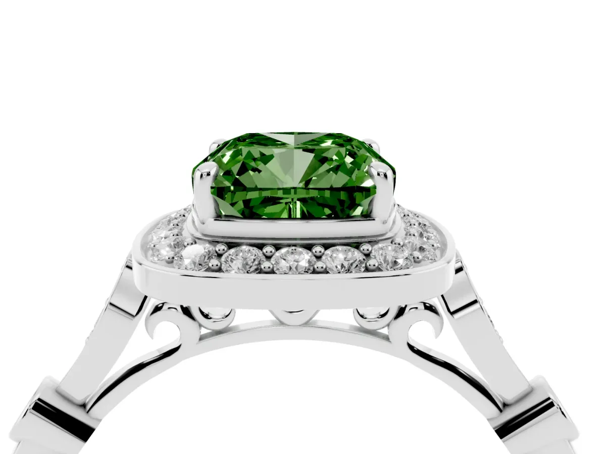 Fancy Green Cushion Cut Halo Diamond Engagement Ring with Twisted Band and Four-Prong Setting White gold