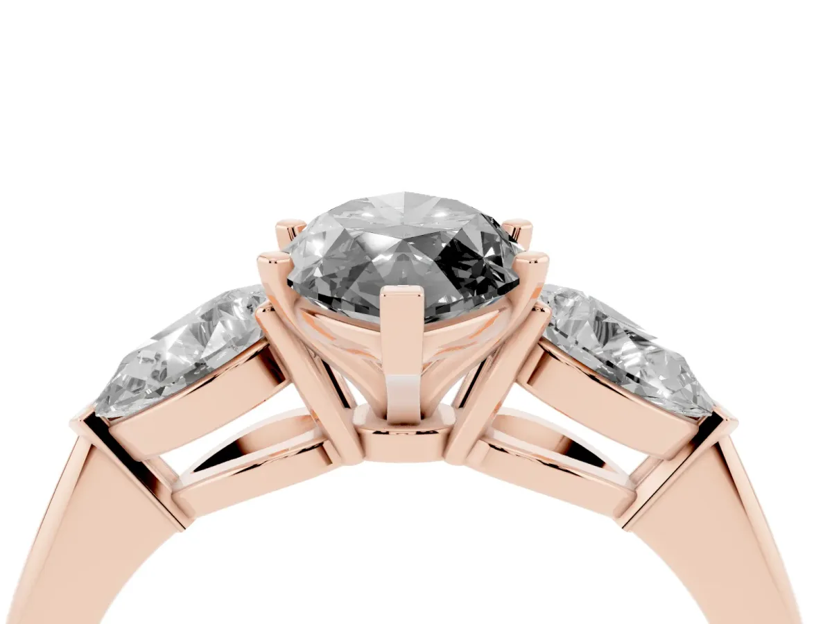 Fancy Black Three-Stone Marquise Cut Diamond Ring with Pear Side Stones and Four-Prong Setting Rose gold