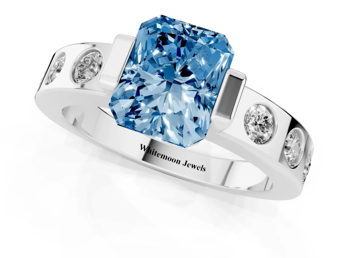 Fancy Blue Radiant Cut Brilliant Channel-Set Diamond Ring with Bezel Prong Setting Silver