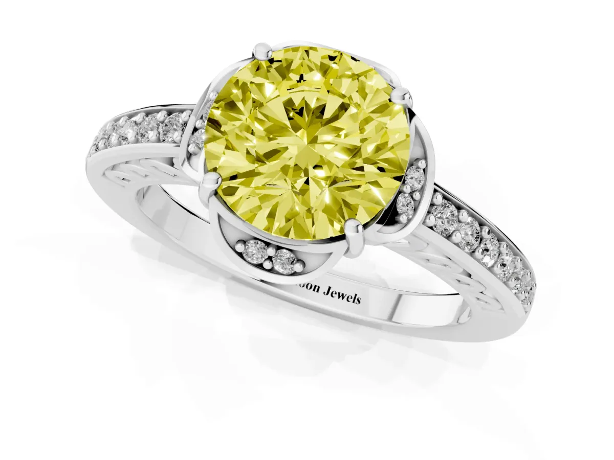Fancy Yellow Round Cut Cut Halo Diamond Ring with Channel Set Band and Four-Prong Setting Platinum