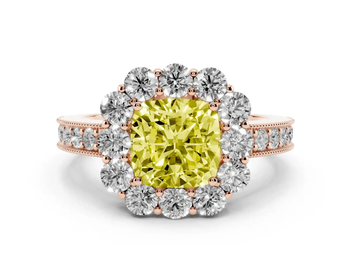 Fancy Yellow Cushion Cut Cut Halo Diamond Pavé Engagement Ring with Milgrain Detailing Rose gold
