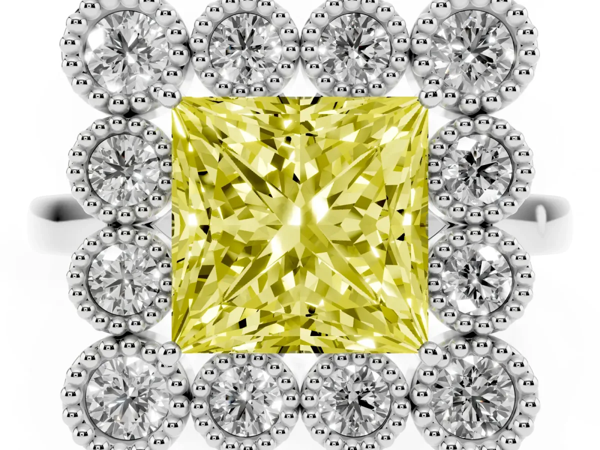 Fancy Yellow Princess Cut Halo Diamond Cluster Engagement Ring with Milgrain Bezel Setting and Solitaire Band Silver
