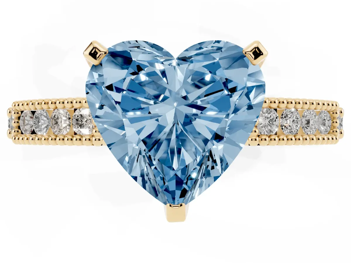 Fancy Blue Heart Cut Solitaire with Pavé Band and Four-Prong Setting Yellow gold